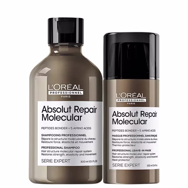 A imagem mostra dois produtos de tratamento capilar da linha L'Oréal Professionnel Serie Expert Absolut Repair Molecular. Um é um shampoo profissional em um frasco plástico marrom de 300ml. O outro é uma máscara capilar sem enxágue de 100ml.