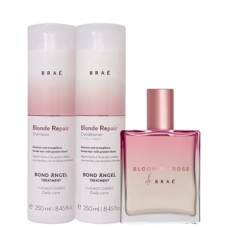 Produtos para cabelos loiros da marca Braé. Inclui dois frascos cilíndricos de 250ml cada, um shampoo e um condicionador da linha Blonde Repair, com rótulos brancos e detalhes em rosa e frasco retangular de perfume Blooming Rose, em tons de rosa metálico.