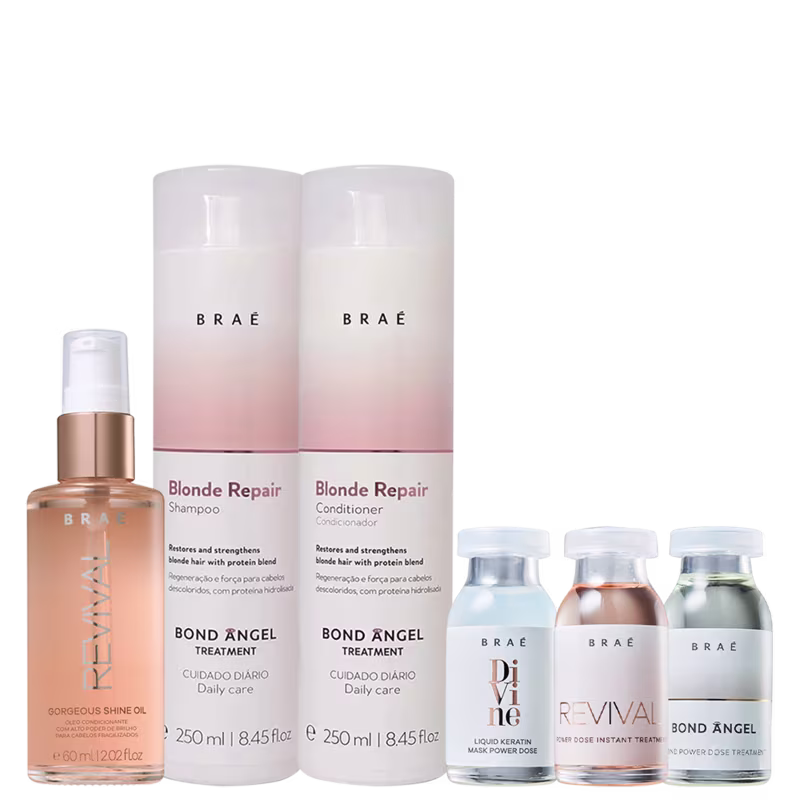 A imagem mostra uma linha de produtos para cabelos loiros da marca Braé. Há dois frascos grandes de shampoo e condicionador Blonde Repair, em tons de rosa claro e branco. Um frasco menor de óleo capilar brilhante na cor rose gold. Três frascos de ampolas.