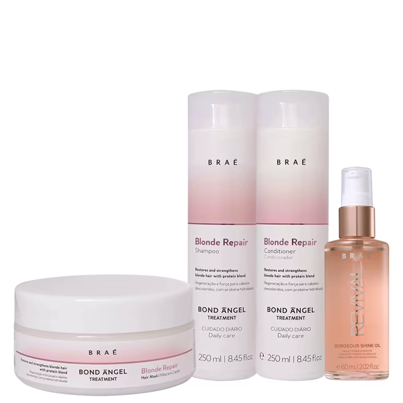 A imagem mostra a linha de produtos para cabelos loiros da marca Braé. Há dois frascos grandes de shampoo e condicionador com embalagens brancas e detalhes em rosa claro. Um pote branco com a máscara e Um frasco menor do óleo de brilho Gorgeous Shine Oil.