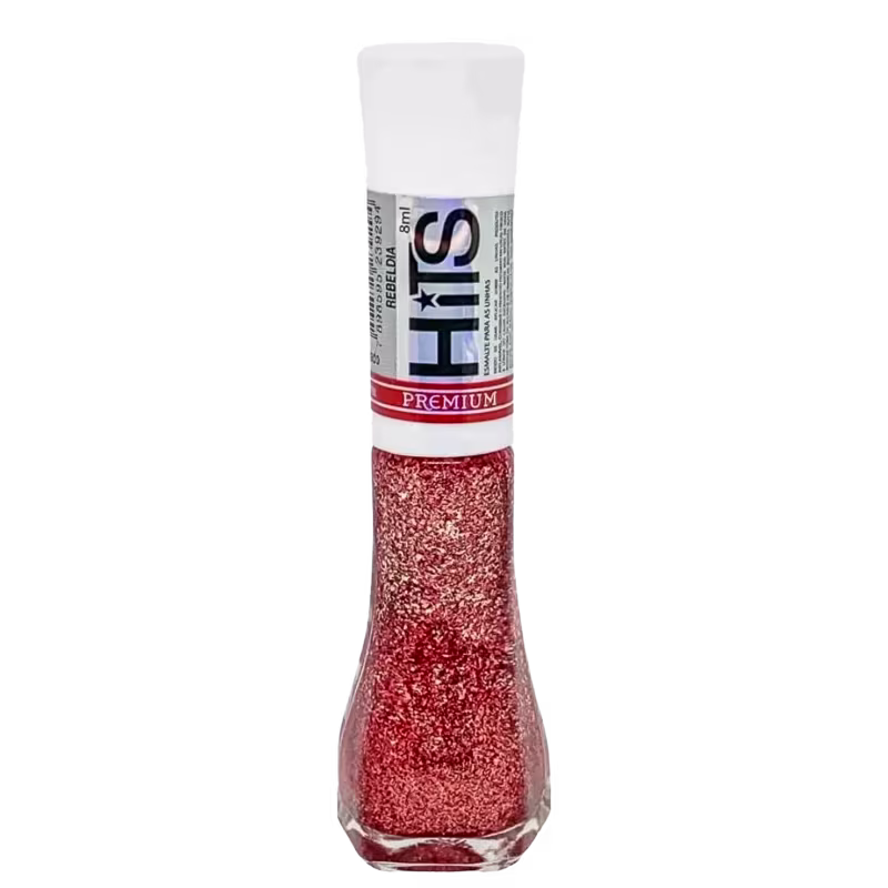 Frasco de esmalte premium da marca HITS. Embalagem transparente com tampa branca, contendo esmalte de cor rosa metálico brilhante com partículas cintilantes.