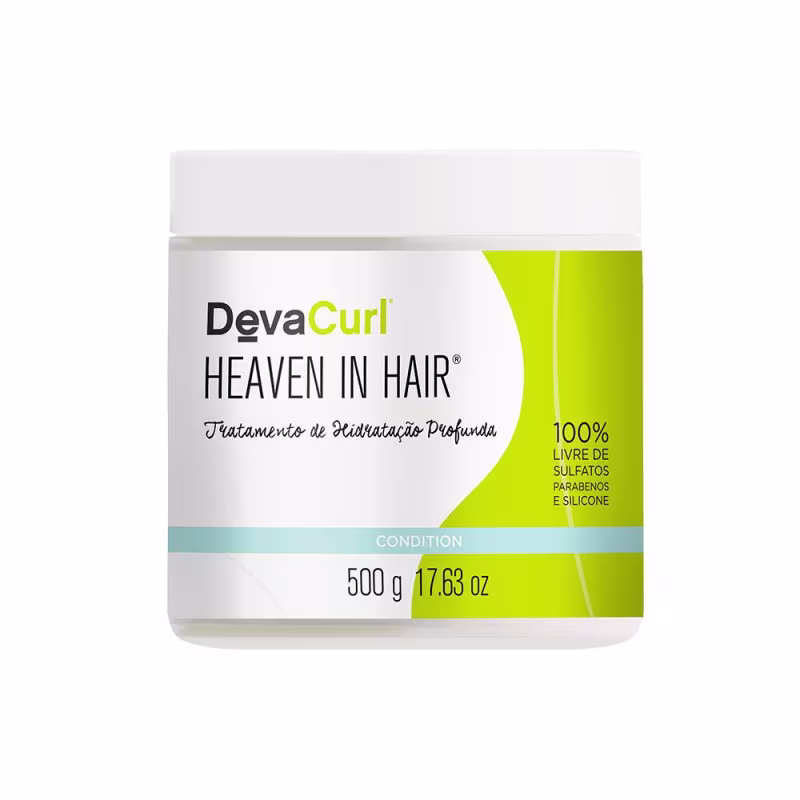 A embalagem da máscara é um pote plástico branco com detalhes em verde limão. Na frente, há o logotipo da marca e o nome do produto em letras pretas e brancas. Abaixo, está escrito "Tratamento de Hidratação Profunda".