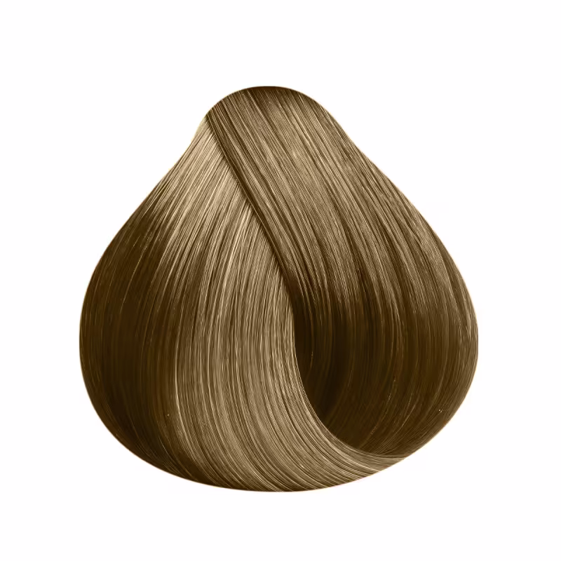 A imagem mostra uma mecha de cabelo tingida nesta tonalidade, exibindo os fios lisos e brilhantes. A cor apresentada é um loiro médio dourado, com nuances quentes e tons de mel. Não há embalagem ou rótulos visíveis, apenas a amostra da cor de tinta em si.