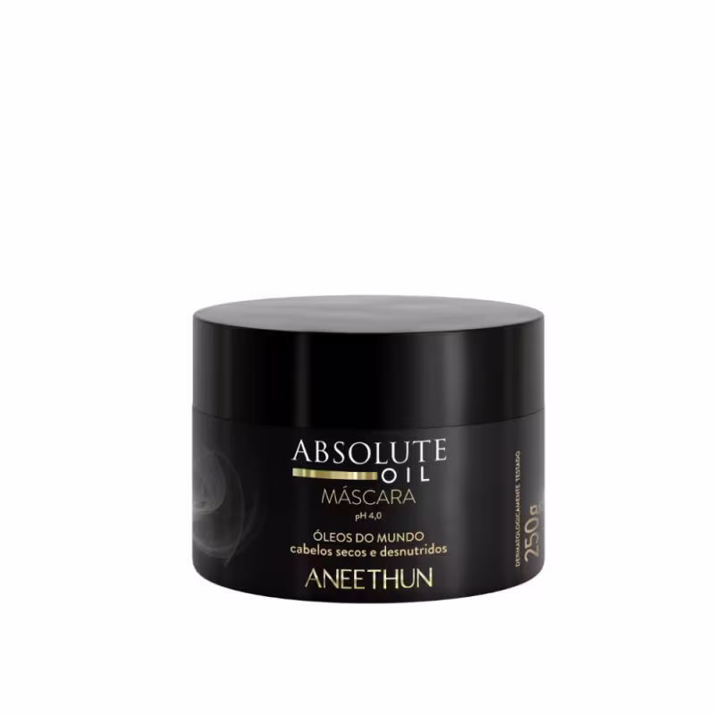 O produto apresentado é uma máscara capilar da marca Aneethun, chamada "Absolute Oil". A embalagem é um pote preto com tampa preta, contendo informações sobre o produto em inglês e português. Volume de 250g.