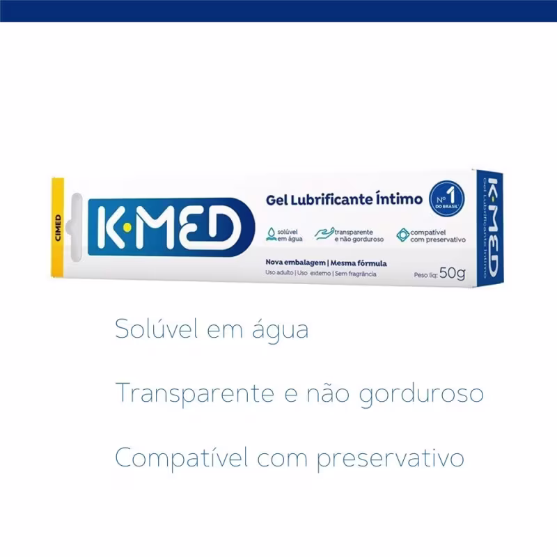 Gel Lubrificante K-Med: solúvel em água, transparente e não gorduroso e compatível com preservativo.