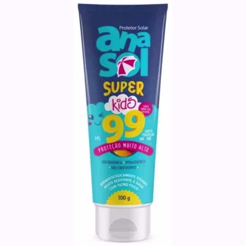 A imagem mostra uma embalagem de protetor solar azul escuro e azul mais claro, toda colorida.