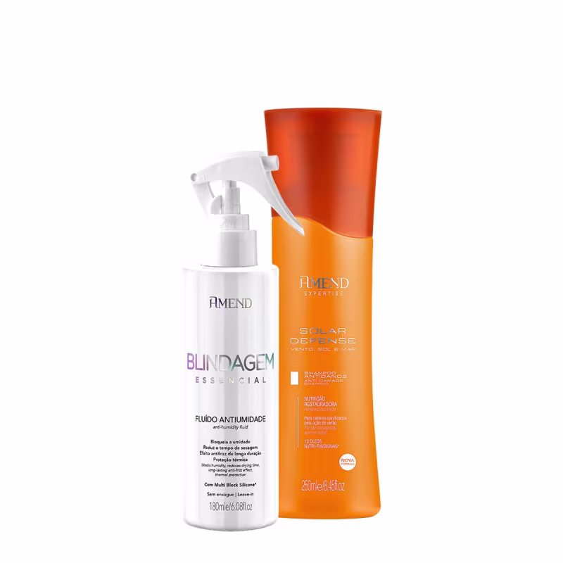 Kit da Amend Cosméticos apresenta um frasco branco com um rótulo roxo contendo o texto "Blindagem Essencial" e um frasco laranja do shampoo "Solar Defense".