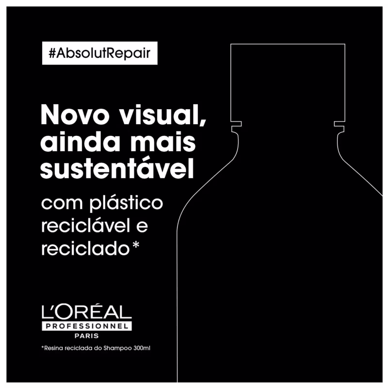 A imagem preta com texto branco e destaca o conceito "AbsolutRepair". O texto em português anuncia um "novo visual, ainda mais sustentável com plástico reciclável e reciclado". A imagem mostra uma silhueta de um frasco.