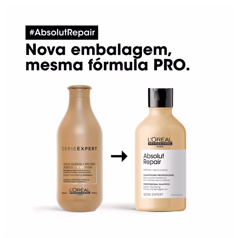 A imagem apresenta dois frascos de shampoo da linha Absolut Repair da L'Oréal Professionnel. Mostrando a embalagem antiga e a nova.