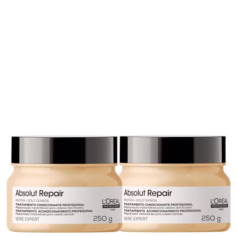 A  imagem mostra duas máscaras capilares de L'Oréal Professionnel. Ambas possuem pote redondo amarelo com tampa preta de encaixe.