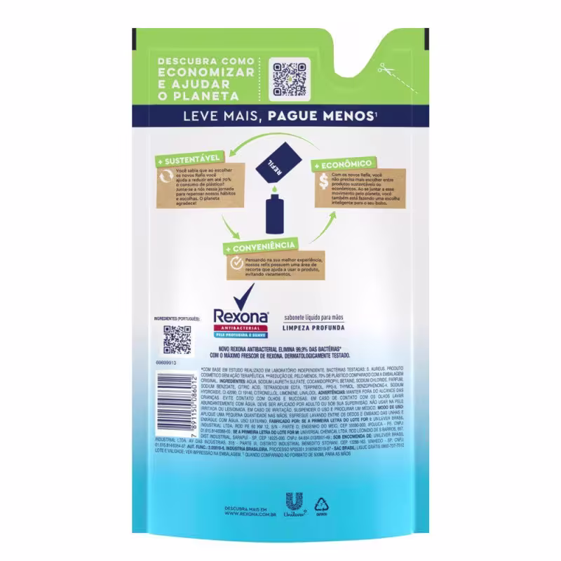 Sabonete Líquido para as Mãos Rexona Antibacterial Limpeza Profunda 500ml Refil