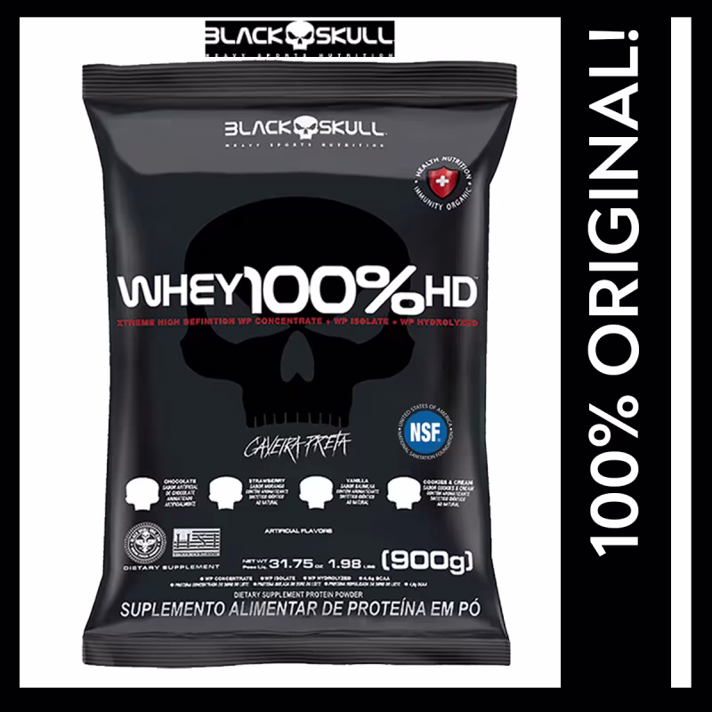 Black Skull Whey 100% HD Morango Refil - Suplemento Alimentar de Proteína em Pó 900g