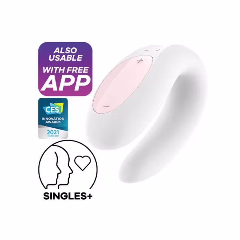 A imagem mostra um vibrador de casal branco.
