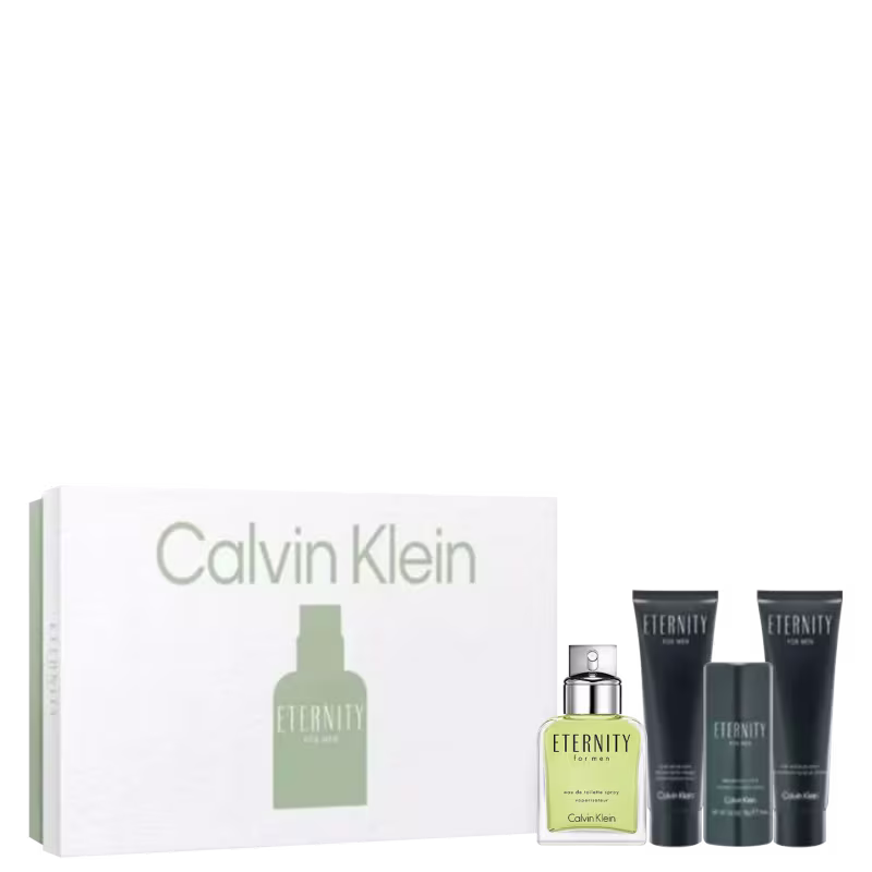 Conjunto masculino com perfume Eternity Men, loção pós-barba, desodorante e body wash Calvin Klein.
