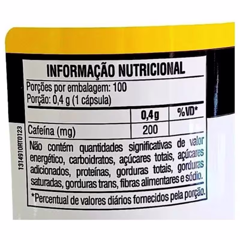O rótulo indica que o produto contém 100 porções, com cada porção fornecendo 0,4g de cafeína (200mg). O rótulo também informa que o produto não contém quantidades significativas de outros nutrientes como energia, carboidratos, açúcares, proteínas,
