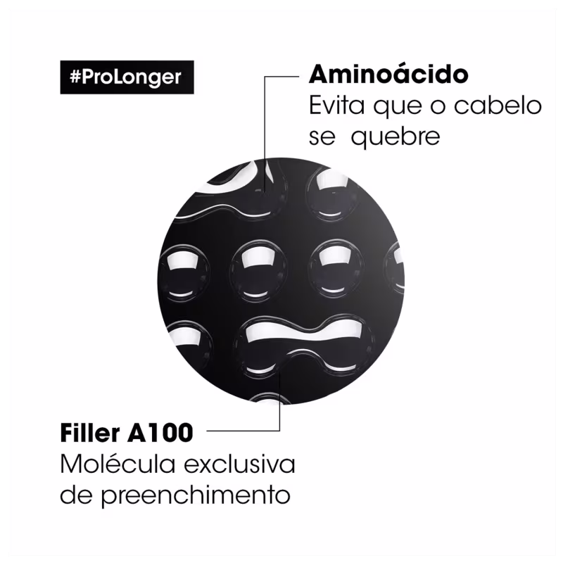 Na imagem uma esfera preta com relevos circulares em alto brilho, transmitindo uma aparência moderna e sofisticada. Há um rótulo identificando o componente "Filler A100" como uma "Molécula exclusiva de preenchimento".