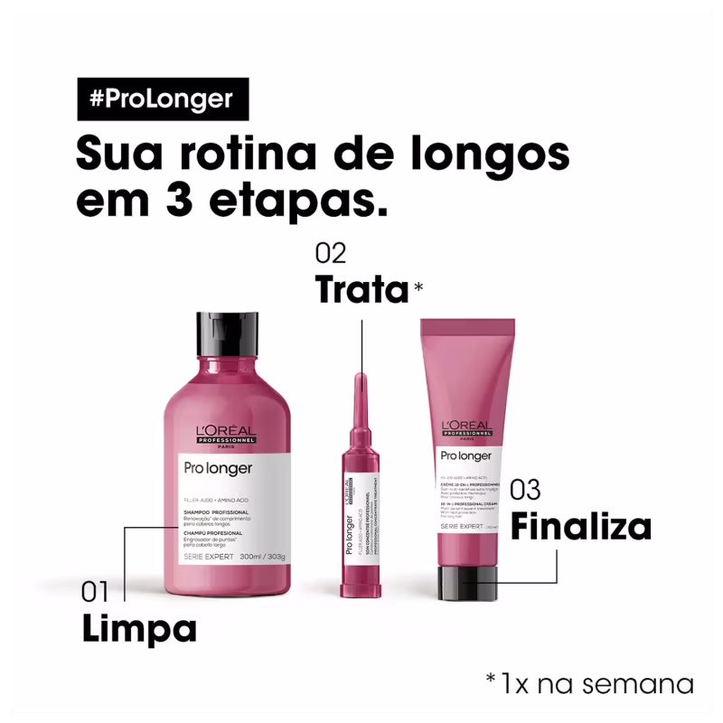 Três produtos da linha Prolonger da L'Oréal Professionnel para tratamento de cabelos longos. O primeiro é um shampoo em frasco plástico rosa de 300ml. O segundo é um tratamento concentrado em ampola. O terceiro é uma creme finalizador em um pote rosa.