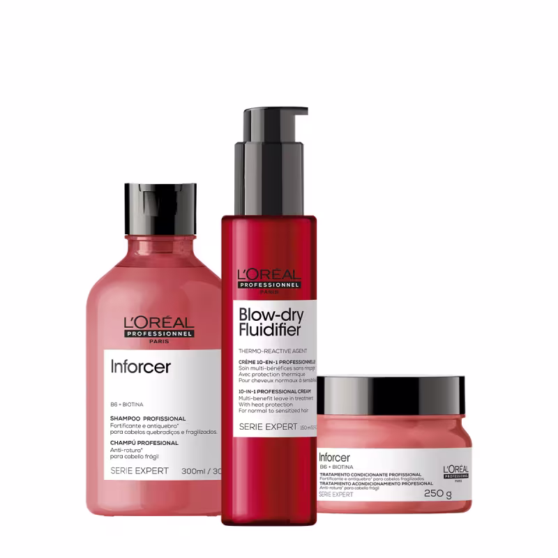 Três produtos de cuidados capilares da linha L'Oréal Professionnel Serie Expert. O primeiro é um shampoo em embalagem rosa de 300ml.O segundo é um creme leave-in multibenefício chamado Blow-dry Fluidifier de 150ml. O terceiro é uma máscara capilar de 250g