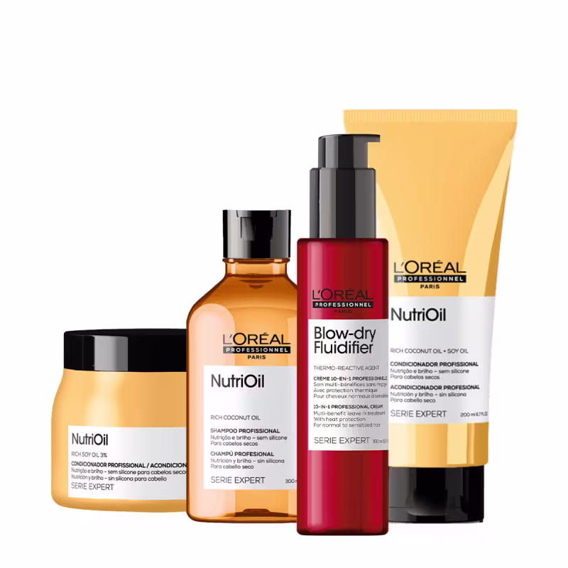Produtos de cuidados capilares. Um shampoo em um frasco plástico âmbar com rótulo amarelo. Um leave-in em frasco vermelho. Um condicionador em um tubo amarelo e uma máscara capilar. Todos têm tampas pretas e exibem o logotipo e nome da marca.