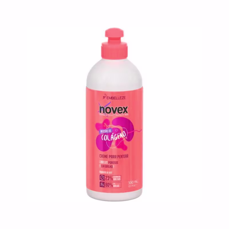 A imagem mostra o Creme para Pentear  Infusão de Colágeno 
 da marca Novex da Embelleze. O frasco é branco, com uma tampa rosada e detalhes em tons de rosa e roxo. Traz indicação para cabelos porosos e sem brilho.