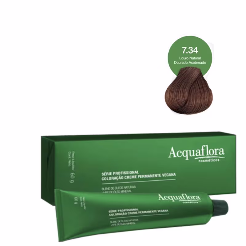 Caixa verde da linha profissional de coloração creme permanente vegana da marca Acquaflora, contendo um tubo de coloração na cor 7.34 Louro Natural Dourado Acobreado.