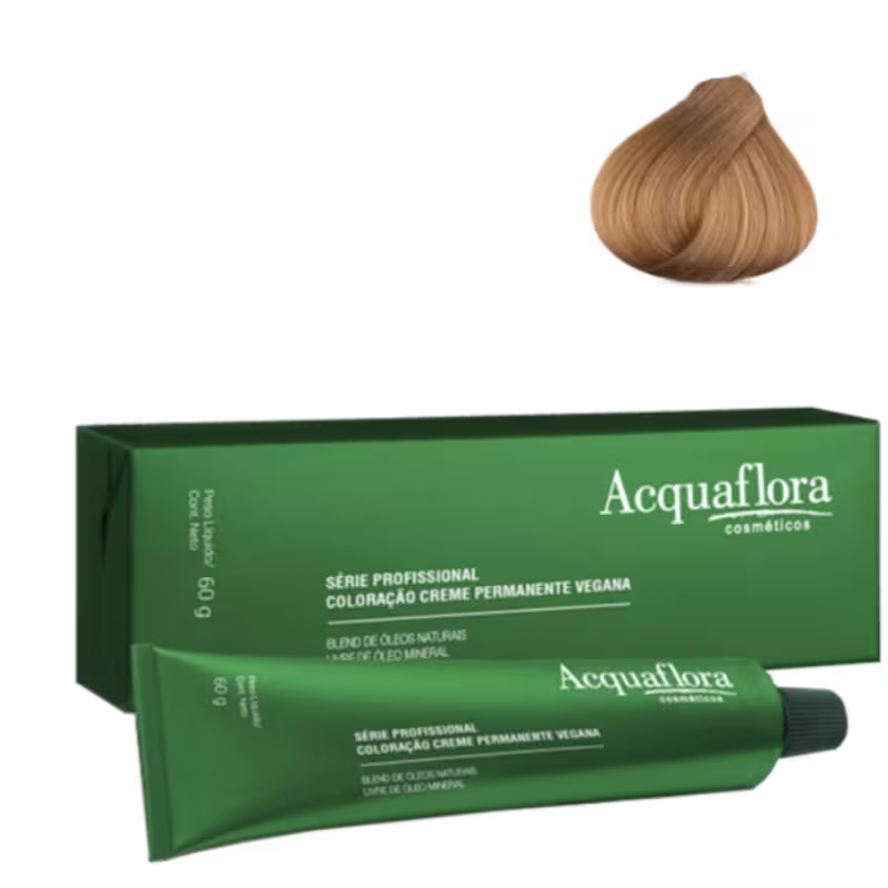 Caixa verde e tubo de creme de coloração permanente vegana da linha profissional da marca Acquaflora, com indicação da tonalidade 8.3 Louro Claro Dourado