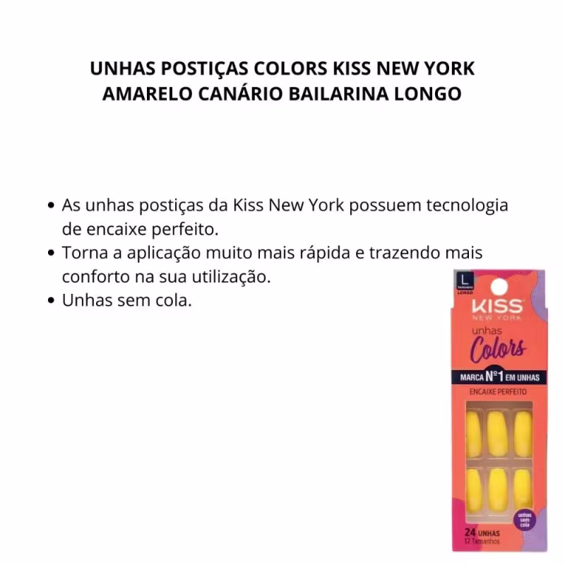 Unhas Postiças Colors Kiss New York Amarelo Canário Bailarina Longo