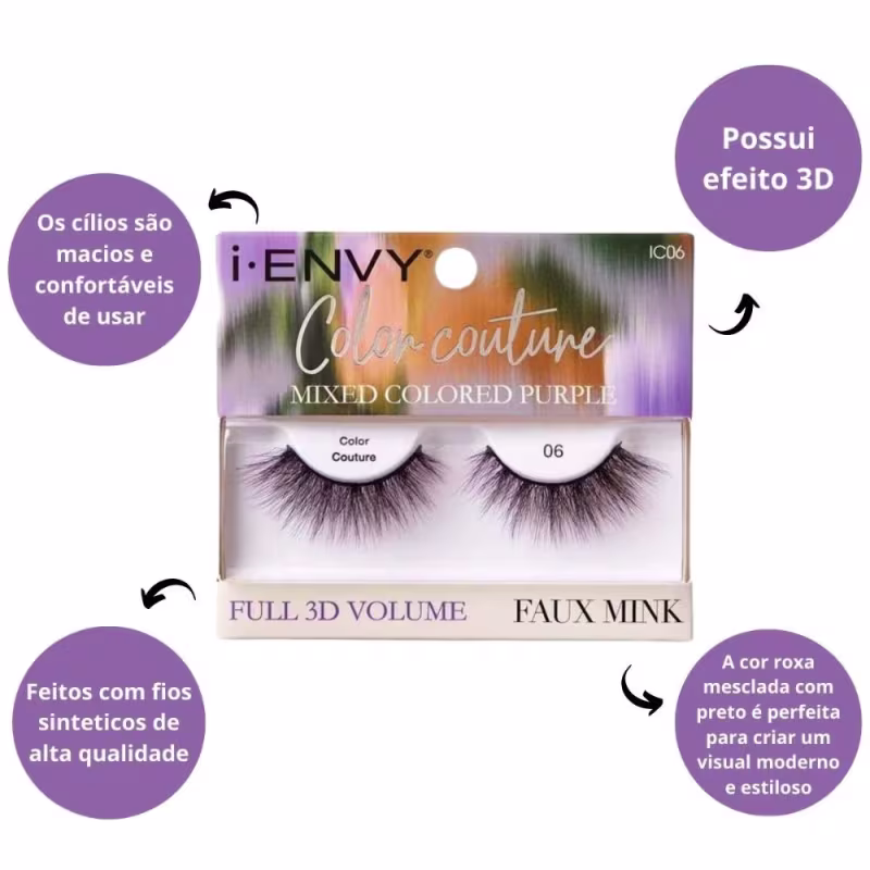 Cílios Postiços Kiss I-envy Color Couture Faux Mink Mixed Colored Purple Ic06