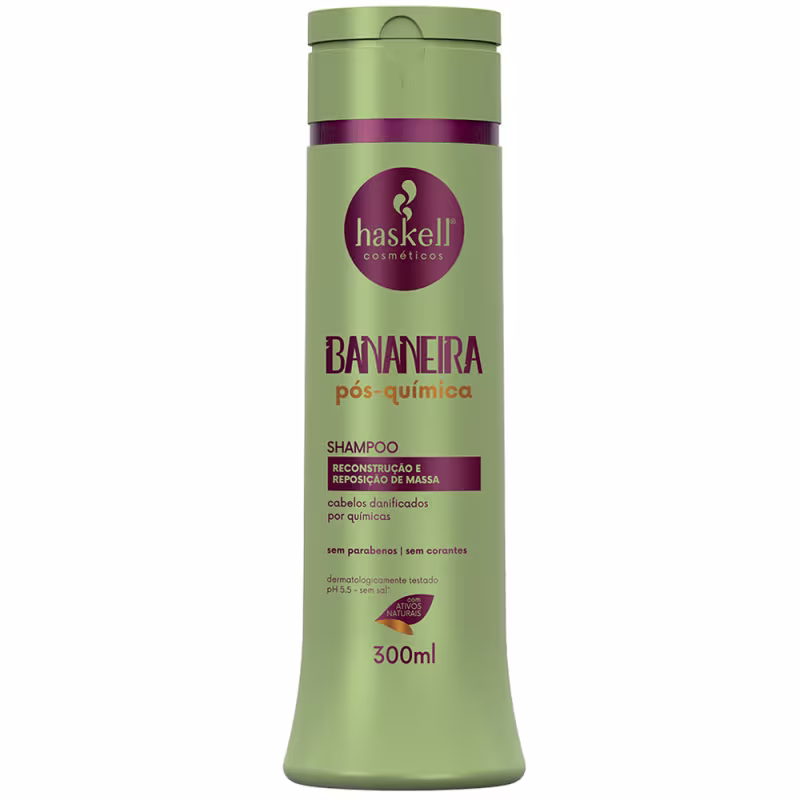 Shampoo da linha Bananeira pós-química da marca Haskell. A embalagem contém informações como a indicação de que é um shampoo para reconstrução e reposição de massa capilar após procedimentos químicos. O frasco possui capacidade de 300ml.
