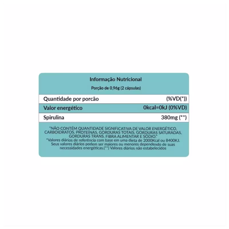 O rótulo nutricional mostra informações sobre uma porção de 0,96g (2 cápsulas) de Spirulina, com 380mg de Spirulina por porção e 0kcal de valor energético.