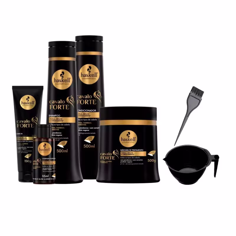 Kit com shampoo e condicionador com 500ml, máscara capilar de 500g, leave-in de 150g, tratamento fortalecedor de 35ml, cumbuca e pincel.