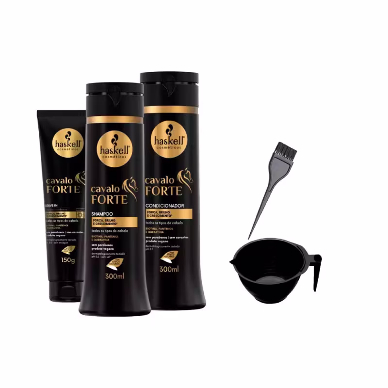Kit Haskell Cavalo Forte Shampoo Cond 300ml e Leave +Cumbuca