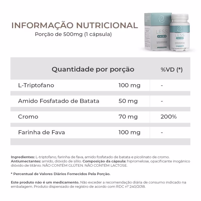 Informação nutricional de um suplemento alimentar da marca Eleve Life, apresentado em cápsulas de 500mg. O rótulo exibe os ingredientes e a quantidade por porção, incluindo L-triptofano, amido fosfatado de batata e farinha de fava.