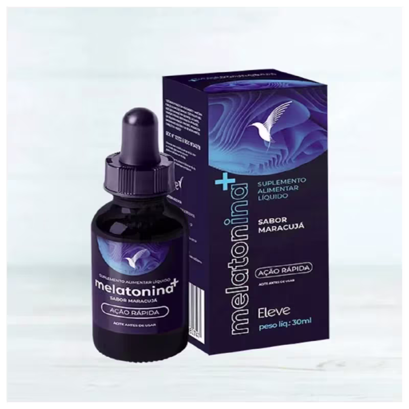 Suplemento alimentar líquido Melatoning+ de sabor maracujá em frasco preto com rótulo azul e branco, apresentado em caixa com ilustração de pássaro e textura ondulada.