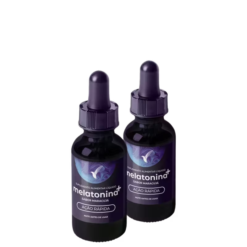 Dois frascos de suplemento alimentar líquido Melatonina+ com sabor de maracujá, em embalagem preta com rótulo branco e azul, indicando "Ação Rápida" no texto.