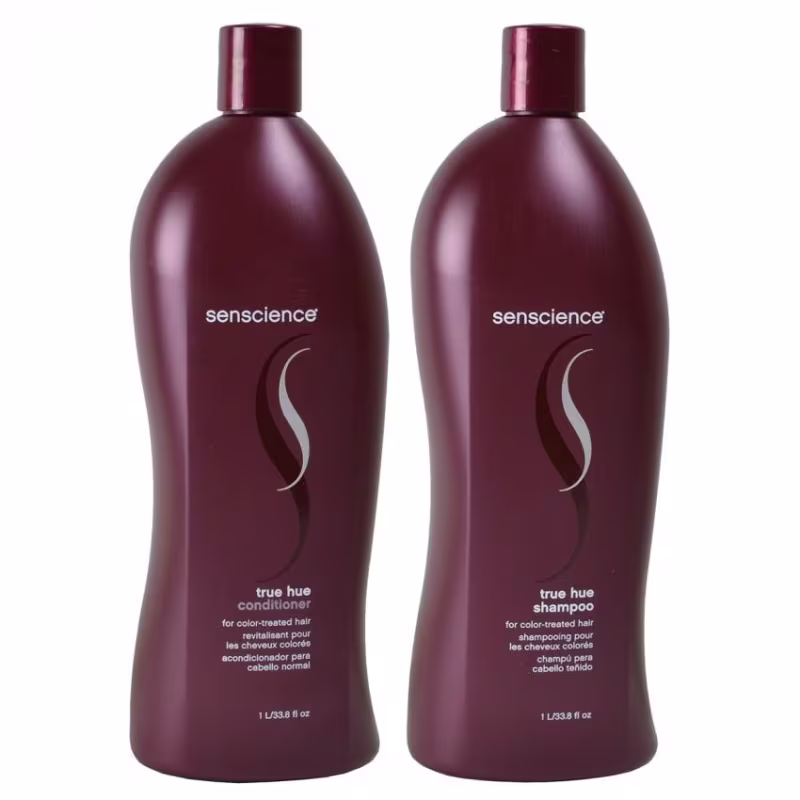 A imagem mostra dois frascos de plástico arredondados de cor vinho com o logotipo "Senscience" e as informações do produto.