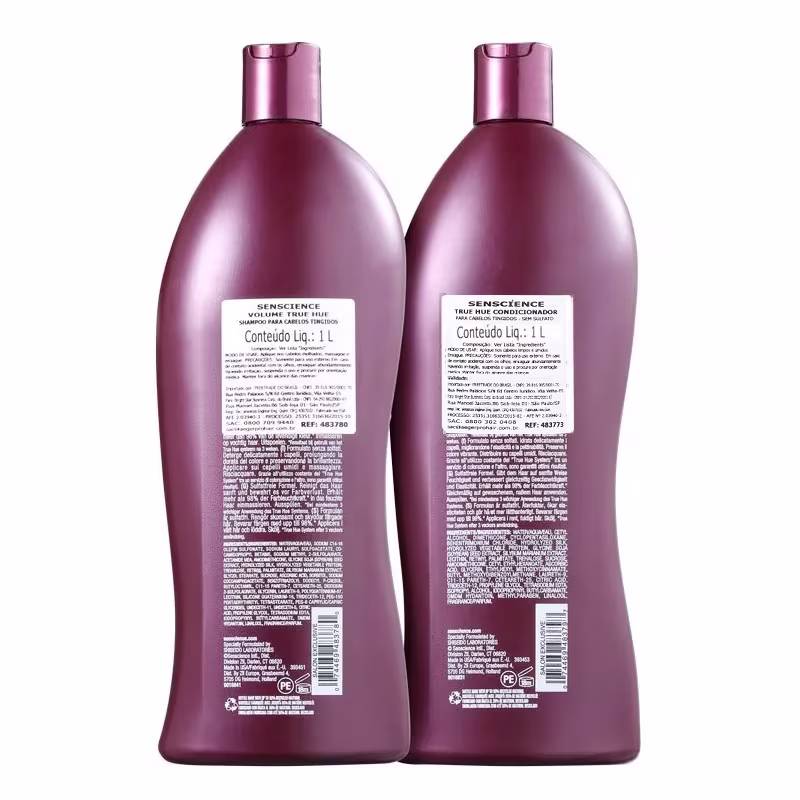 A imagem mostra o verso das embalagens do shampoo e condicionador com informações detalhadas sobre as fórmulas.