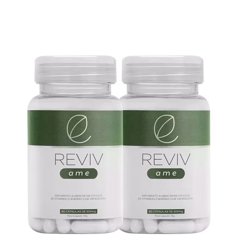 Dois frascos de cápsulas de suplemento alimentar Reviv ame, com 60 cápsulas de 500mg cada, em embalagem branca com detalhes verdes e logotipo da marca.