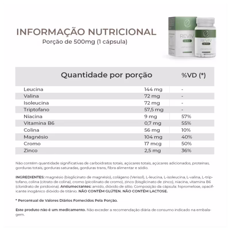 O produto Reviv contém informações nutricionais detalhadas em sua embalagem, incluindo a composição de aminoácidos, vitaminas e minerais em cada cápsula de 500mg.