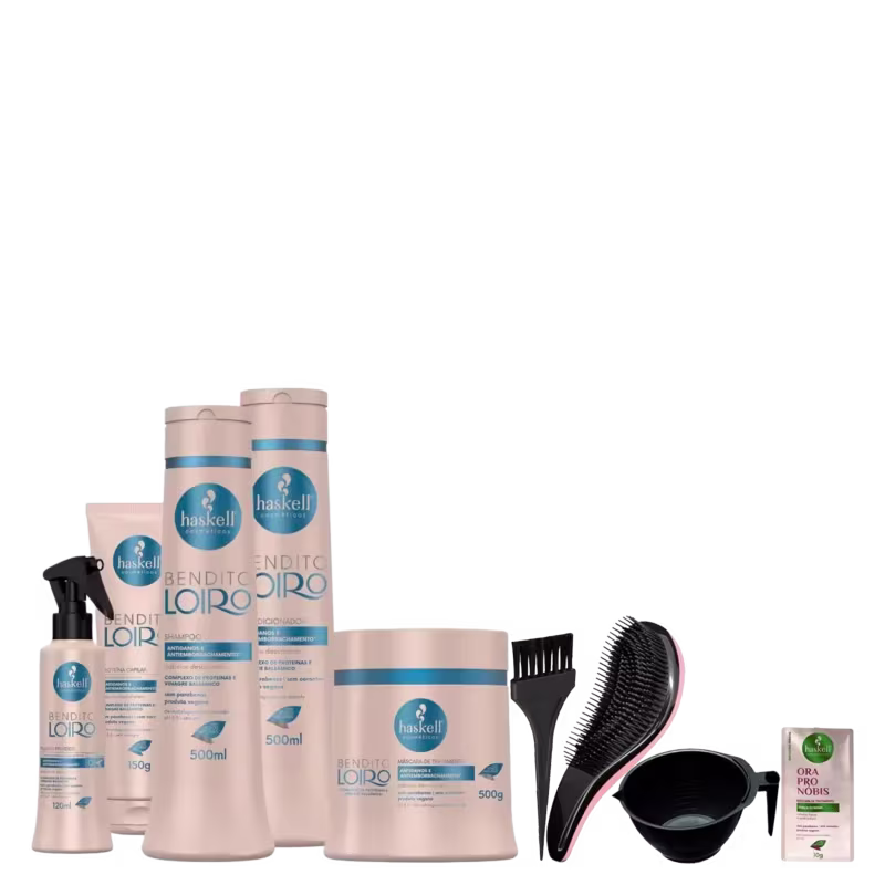 Kit com shampoo, condicionador, máscara, fluido proteico e proteina capilar da linha Bendito Loiro da marca Haskell. Acompanha kit com pincel, escolva, pote e miniatura de máscara Ora Pro Nobis.