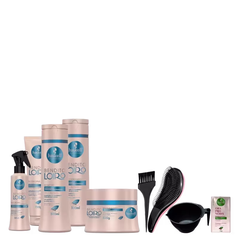 Kit com shampoo, condicionador, máscara, fluido proteico e proteina capilar da linha Bendito Loiro da marca Haskell. Acompanha kit com pincel, escolva, pote e miniatura de máscara Ora Pro Nobis.