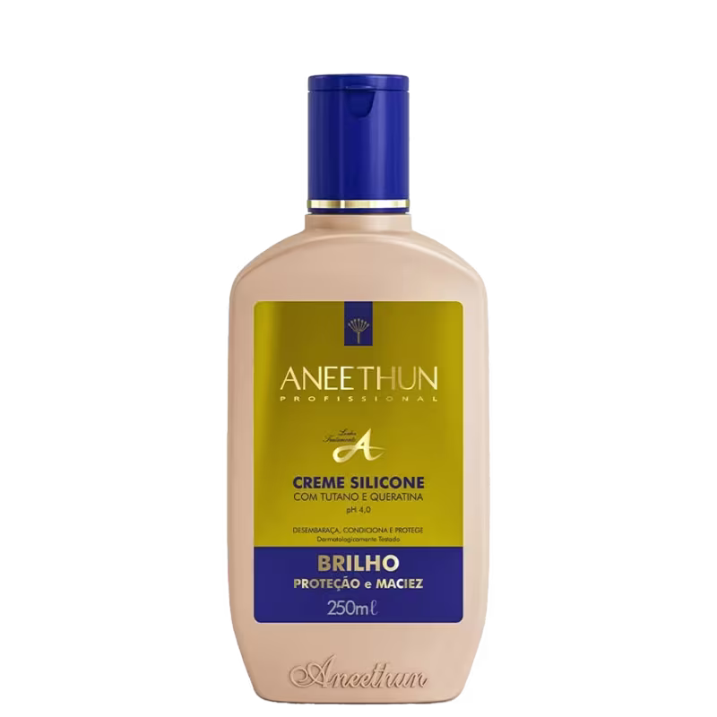 A imagem mostra o frasco do creme capilar, sua embalagem é bege com detalhes na cor azul e dourada.