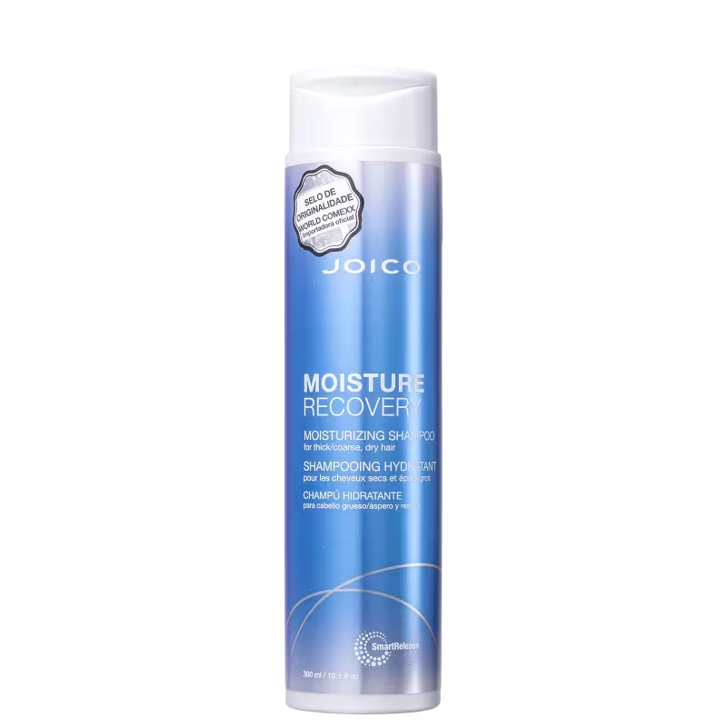 A imagem mostra o shampoo em embalagem plástica cilíndrica azul e branca.