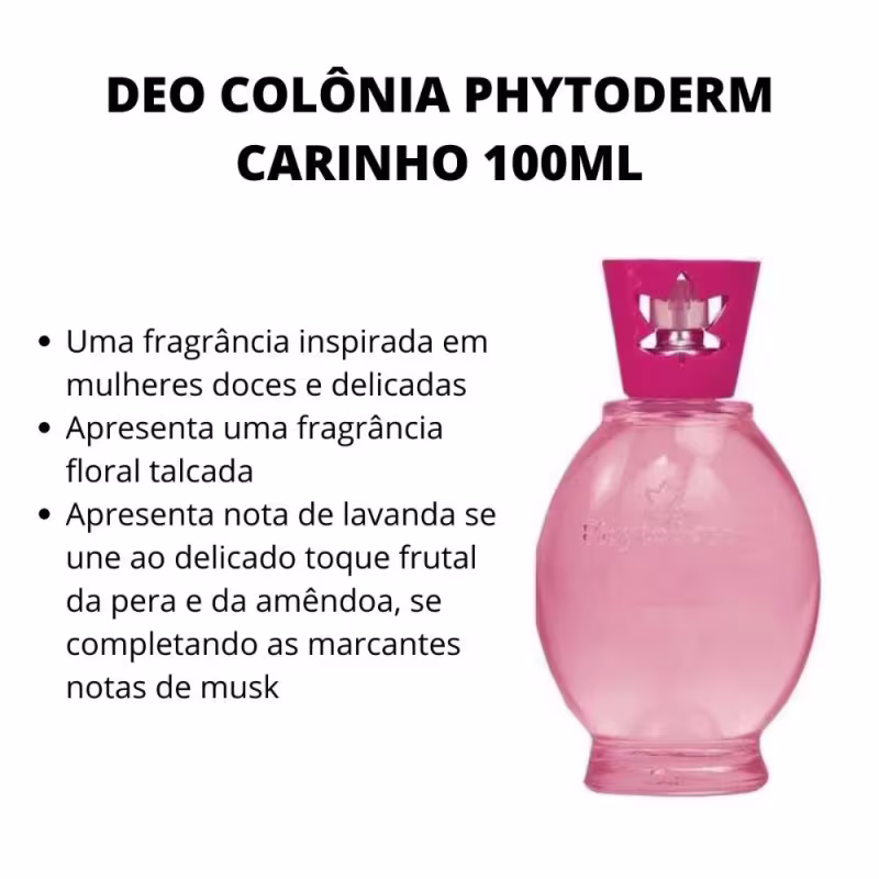 Texto descritivo destacando fragrância floral talcada, com notas de lavanda, pera, amêndoa e musk, inspirada em mulheres doces e delicadas.