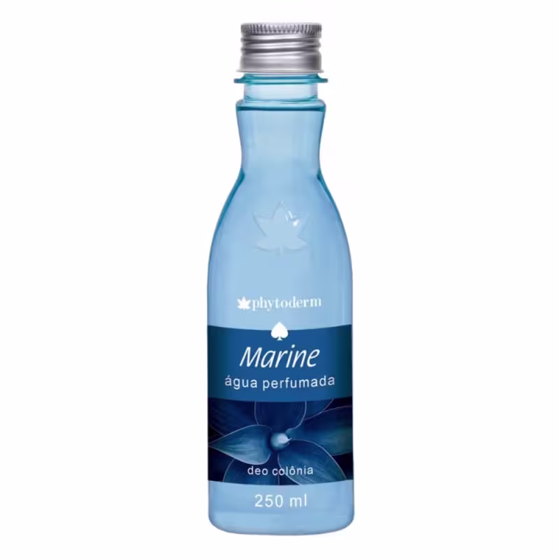 Garrafa azul de 250ml. Embalagem com rótulo "Phytoderm Marine água perfumada deo colônia". Tampa metálica prateada rosqueada. Design simples com logotipo da marca e detalhes em branco sobre fundo azul marinho.