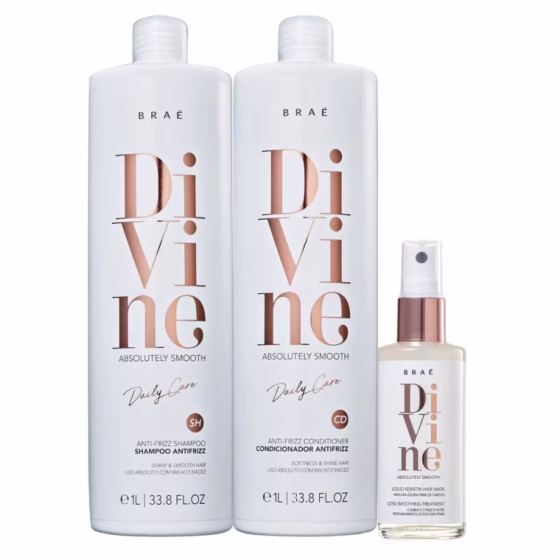 Este é o kit Braé Divine para cabelos lisos e com frizz. Contém shampoo e condicionador antifrizz que promovem brilho e maciez, e uma máscara capilar líquida de queratina para um tratamento ultra suavizante.