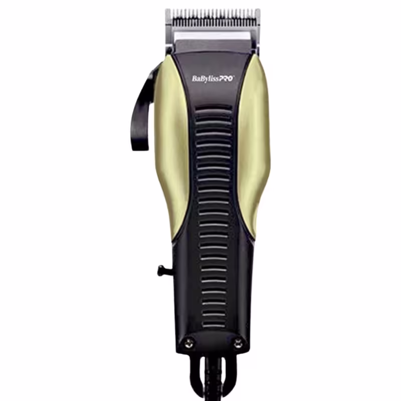 A imagem mostra a máquina de corte BaByLiss Pro Power FX Fade 220v. A máquina é preta com detalhes dourados e possui uma lâmina em metal prateada.