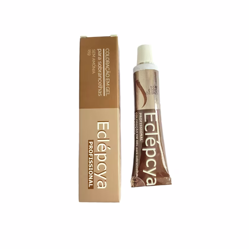Produto de maquiagem em embalagem cilíndrica de cor bege claro. A embalagem apresenta o nome "Eclépcia Professional" em letras brancas e o texto "Coloração em Gel para Sobrancelhas" em letras marrons. O rótulo também exibe o peso de 3g.
