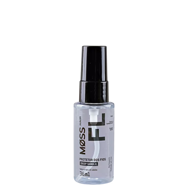 A imagem mostra um frasco do Reparador de Pontas da linha Deep Shield da marca Moss. O frasco é transparente com design minimalista e moderno com letras pretas e tem capacidade de 36ml. O óleo reparador é incolor.