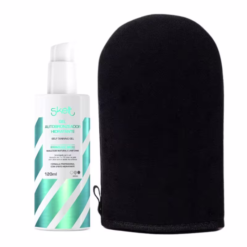 Gel autobronzeador hidratante Skelt em frasco branco e verde, com 120ml de volume. Acompanha aplicador de espuma preto para facilitar a aplicação do produto.